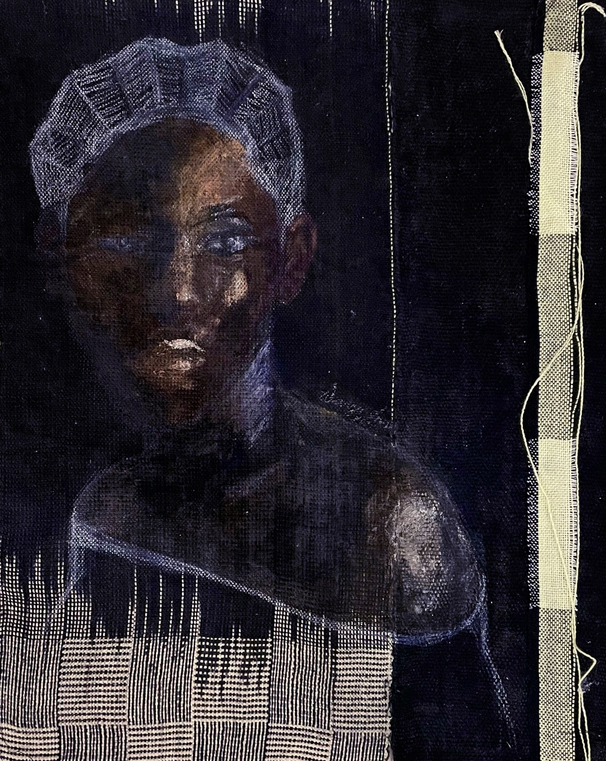 Wan Ipav (Daughter of Ipav), 2021 21 x 18.5” Charcoal, oil, acrylic, A’nger cloth on canvas